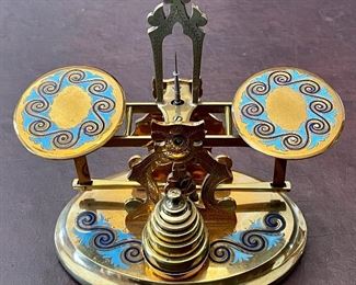 Item 202:  Gorgeous Antique English Postal Scale decorated with powder blue champleve enamel and complete set of weights: $495