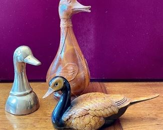 Item 132:  Brass Duck (6.5" Tall) , Vintage Italian Leather Duck Decanter (12") and Resin Duck - (10.5" x 4"):  $68