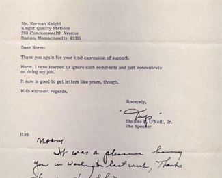 Item 212:  Tip O'neill Jr.  Letter, "Thank you again for your kind support.": $25