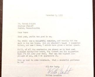 Item 230:  Walter Cronkite Letter, December 2nd, 1957: $40