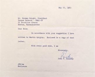 Item 234:  John F. Kennedy Letter dated May 25th, 1960 signed "Jack":  $1000