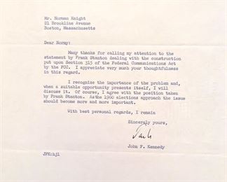 Item 235:  John F. Kennedy Letter dated April 21st, 1959 - "Many thanks for calling my attention to the statement...", signed "Jack":  $1000