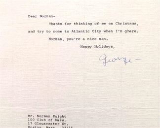 Item 239:  George Burns signed letter dated January 12th 1987:  $30