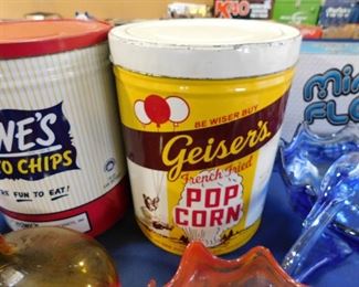 Vintage popcorn and potato chip tins