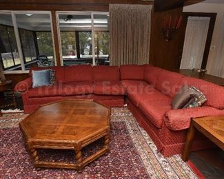 Baker English Barley Twist Leg eight-sided coffee table; sectional sofa; Bidjar rug