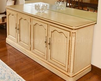 Kindel French provincial style credenza with custom cut glass top