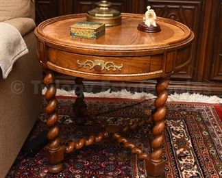 Pair of Baker Furniture English Barley Twist Oak and Burl Wood tea tables