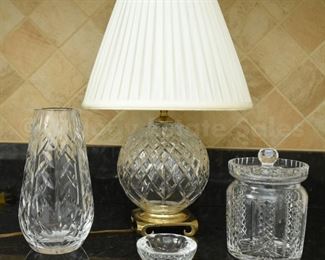 Waterford crystal lamp, biscuit jar, vase, and ashtray.