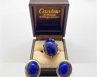 14kt yellow gold and lapis lazuli ring. Lapis lazuli earrings on gold-tone metal backing.
