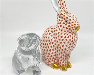 Baccarat crystal rabbit, and Herend porcelain fishnet bunny