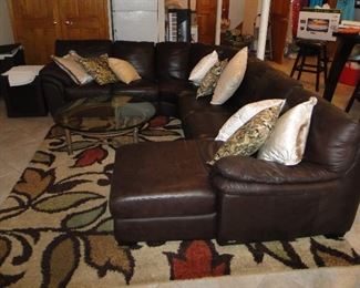 Natuzzi Italian Leather sectional Chocolate brown $700, pillows, Rug