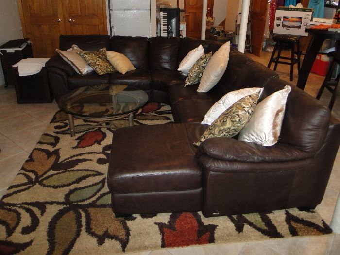 Natuzzi Italian Leather sectional Chocolate brown $700, pillows, Rug