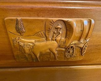 1940-50’s Virginia House Conestoga Carving on dresser & chest to wagon wheel bed