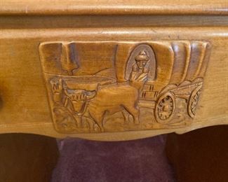 Covered Wagon carving close up on the Virginia house  chest & dresser 