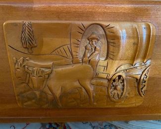 Virginia House carved Conestoga carving on chest & dresser with stool matching pieces to full bed 