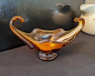Vintage Amber and White Murano Glass Basket