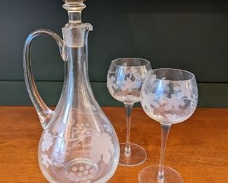Vintage Engraved Decanter and Wine Glasses