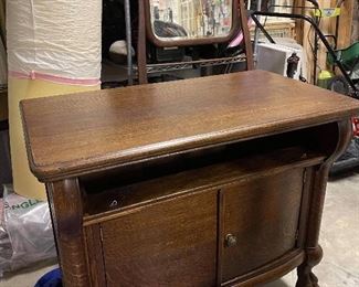 Tiger striped oak vintage wash stand inside drawers have been deca podge
