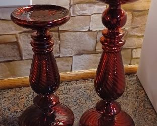 Pair of glass red candle holders