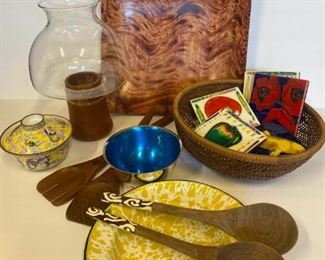 J040 Yellow Graniteware Plates Teak Candleholder and More