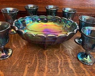 Carnival glass Harvest pattern goblets and fruit bowl 