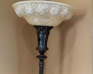  16" Art Deco Torch Torchiere with Iridescent             Embossed Glass  Shade Raised Roses 