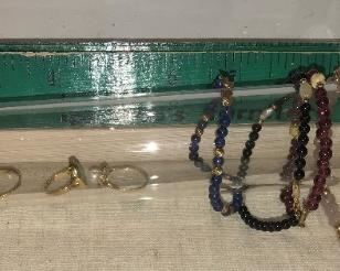 Beaded Bracelets are 14 K - Lapiz Lazul - Onyx - Pearl -Ruby - Rose Quartz .                                                                        14K Emerald,Ruby & Sapphire Cabachons on last bracelet