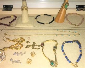 Beaded Bracelets are 14 K - Lapiz Lazul - Onyx - Pearl -Ruby - Rose Quartz .                                                                        14K Emerald,Ruby & Sapphire Cabachons on last bracelet