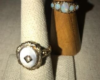 10 K ~ Mother of pearl ,diamond and great Brazilian Opals ~These are both vintage rings 