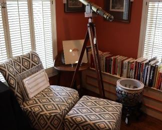 antique telescope, vintage and contemporary books