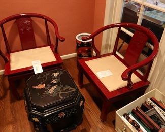 Vintage Chinoiserie horseshoe chair, lacquer table