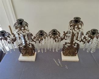 Brass Candelabra Lot Brass candelabra on marble with glass dangles and intricate base (Has some missing and/or broken dangles) 15" Tall