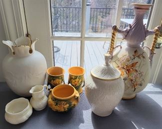 Porcelain, China, and Pottery Lot -Belleek Ireland China -Beautiful Hand painted vase -Lenox Urn (24k gold accent) -Lenox vase -Roseville set