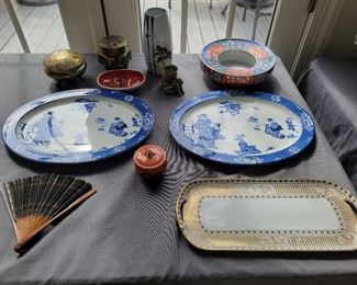 Porcelain and China Lot -Persian Hunter dish -Copper Urn -Wood fan -Wood and Sons plates with asian motif -Mud man -Nippon plate and trinket box