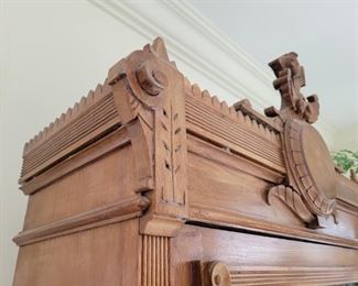 Antique Secretary Has 3 drawers, 2 wooden shelves Front glass has etching 8' x 32"