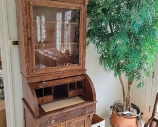 Antique Secretary Has 3 drawers, 2 wooden shelves Front glass has etching 8' x 32"