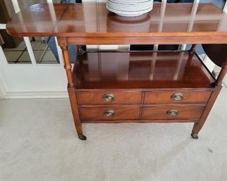 Drexel Drop Leaf Wooden Serving Cart 2 drawers, On casters