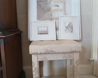 Vanity bench and framed prints Lot