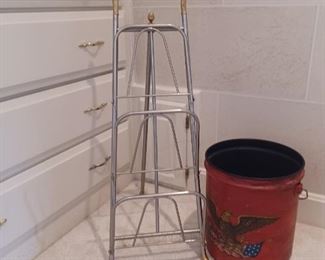 Antique Metal Magazine Rack and Painted Bucket