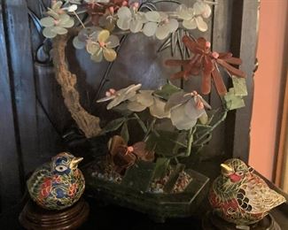  Cloisonné  birds and another rose quartz bonsai tree