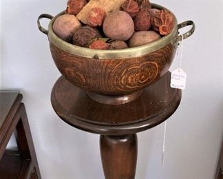 Wooden plant stand; antique brass rimmed wooden bowl