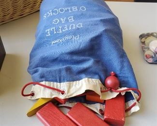 Vintage PLAYSKOOL Duffle Bag of Colored Wooden Blocks 1960s