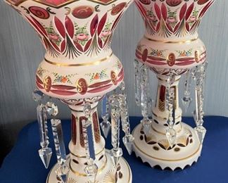Antique Bohemian mantle lusters white cut to cranberry glass, hand painted