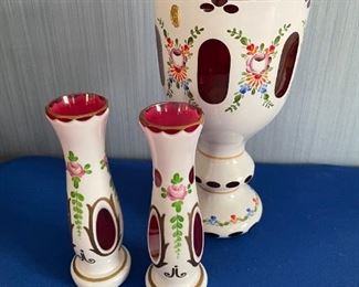 Vintage Bohemian glass white cut to cranberry with hand painted roses