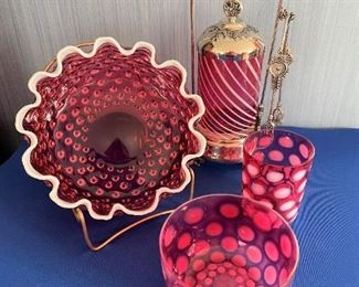 Antique cranberry glass, Fenton pieces including Pickle castor on silverplate holder