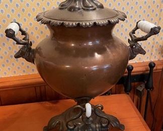 Antique Samovar with deer figure mounts and porcelain handles