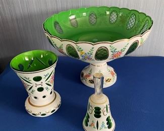 Vintage Bohemian Czech white cased over green glass w/enameled floral patterns