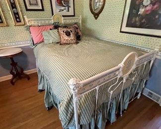 Queen iron bed with custom bedding