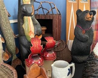 Cabin decor, including bear, fish, etc.
