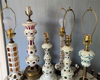 Bohemian white overlay on cranberry and green lamps